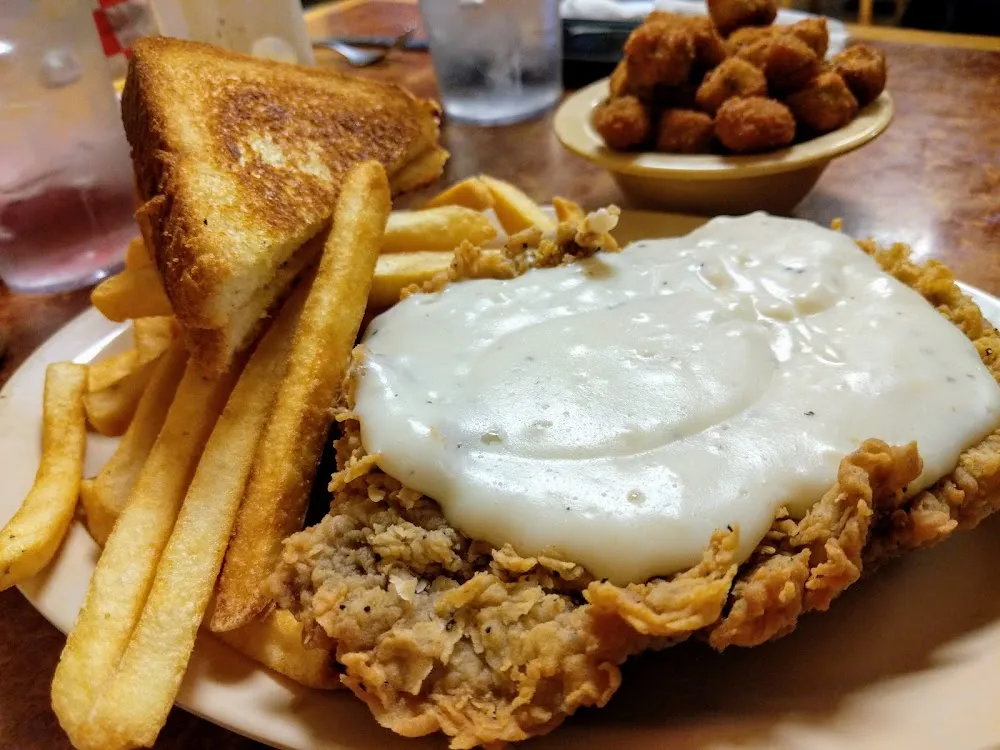 Chicken Fried Steak French Fries and Fried Okra